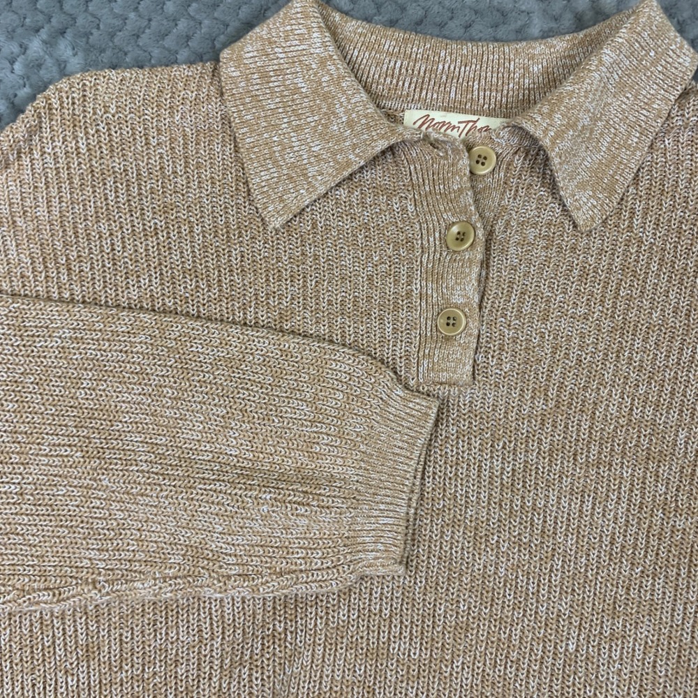 Norm Thompson Polo Sweater Mens L Tan Linen Cotton Knit Long Sleeve Pullover